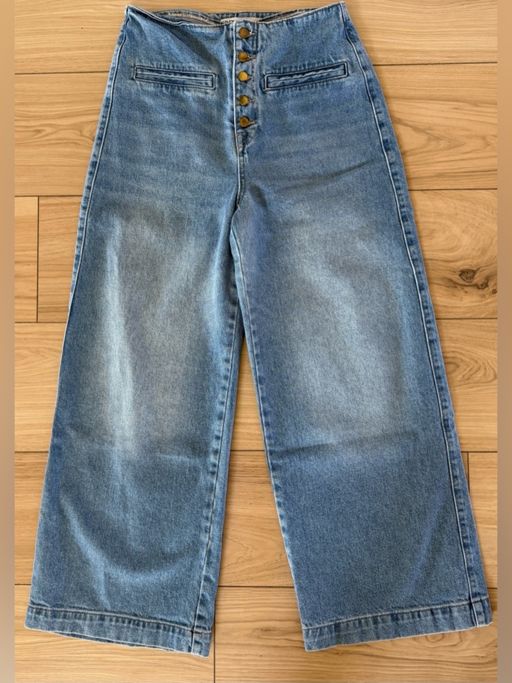Zara High Rise Wide Leg Jeans Button Fly Cropped Denim US 4